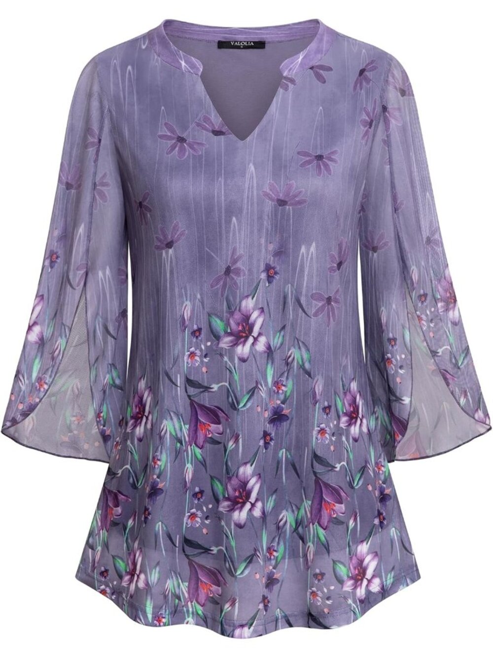 VALOLIA Women's Tops Purple 3/4 Sleeve Floral V Neck Double Layers Mesh Blouses